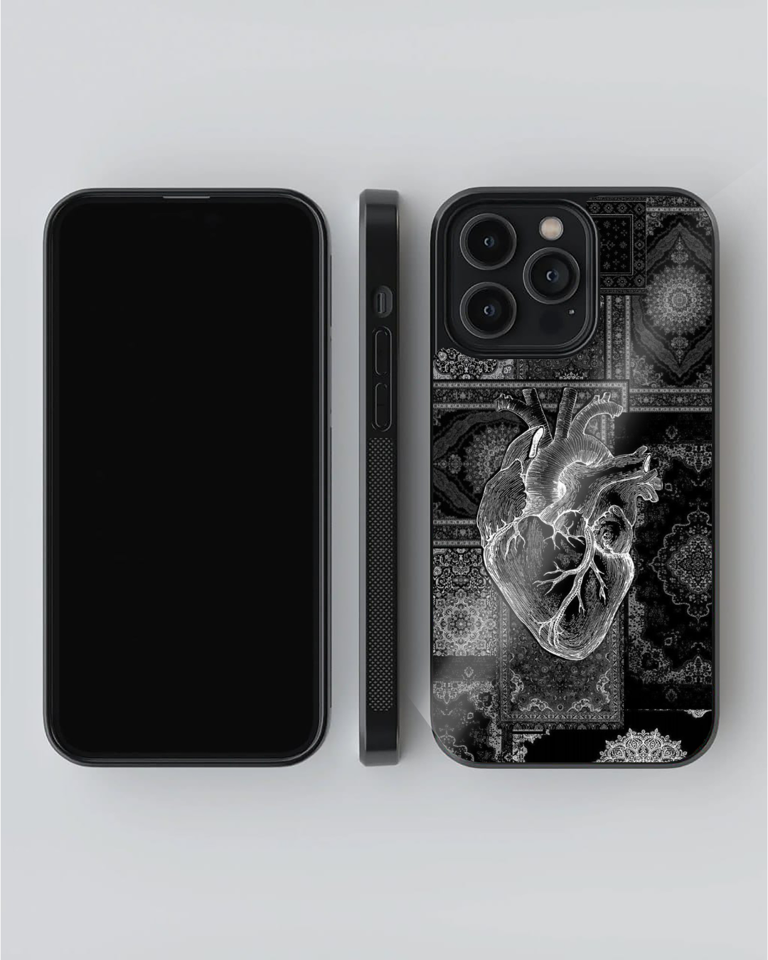 Persian Dark Aesthetic Heart Phone Case – Black & Grey Carpet Patchwork | Gothic Art Cover