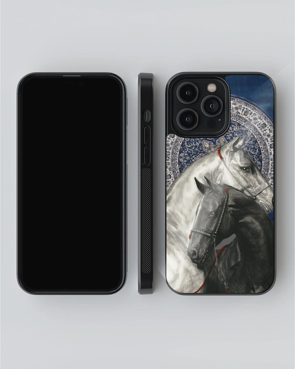Persian Horses Phone Case – Black & White Arabian Art with Blue Carpet Medallion | Elegant Aesthetic Cover