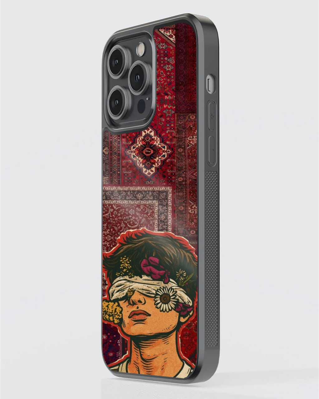 Persian Carpet Blindfolded Figure Phone Case – Red Patchwork & Floral Illustration | Indie Aesthetic Cover