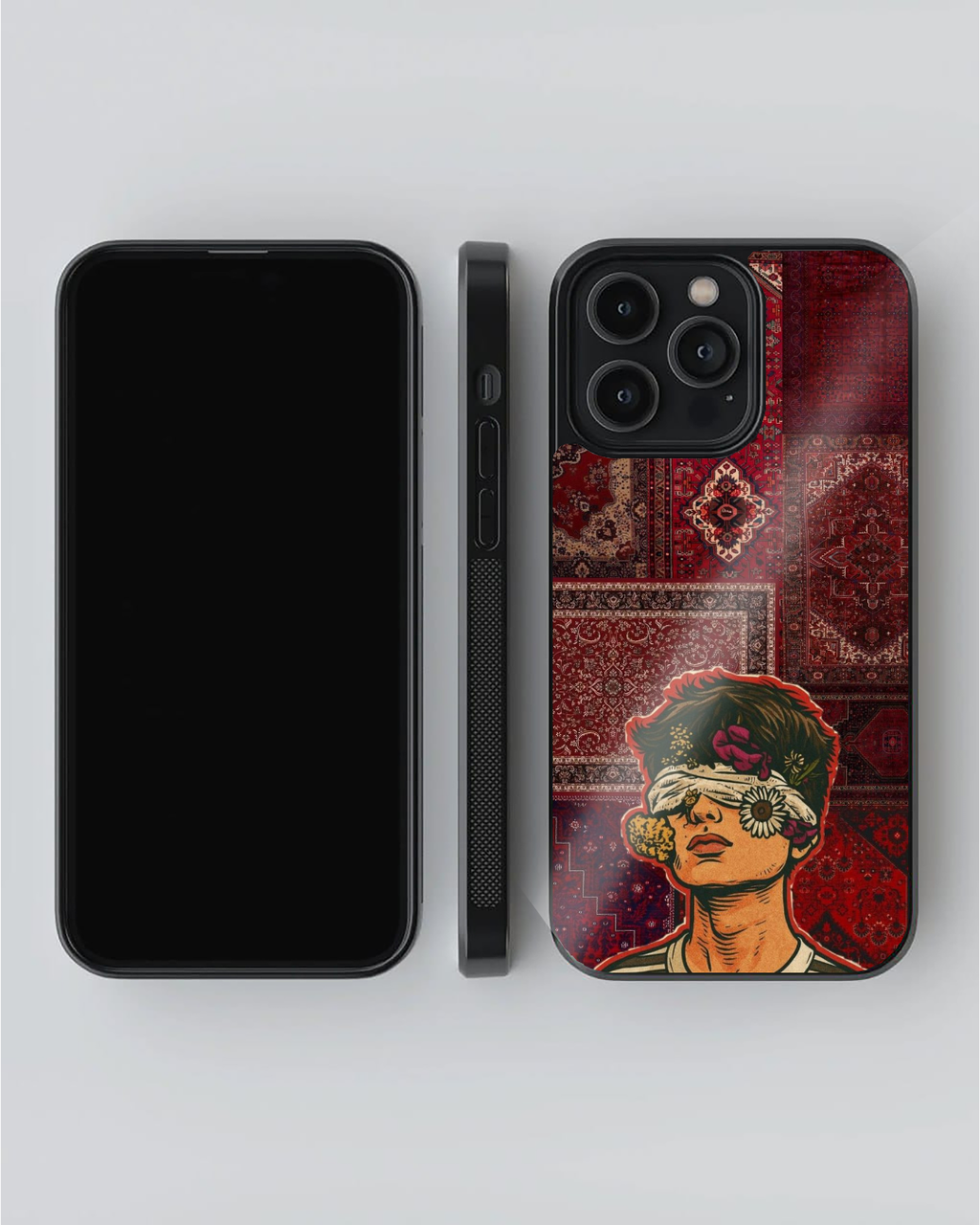 Persian Carpet Blindfolded Figure Phone Case – Red Patchwork & Floral Illustration | Indie Aesthetic Cover