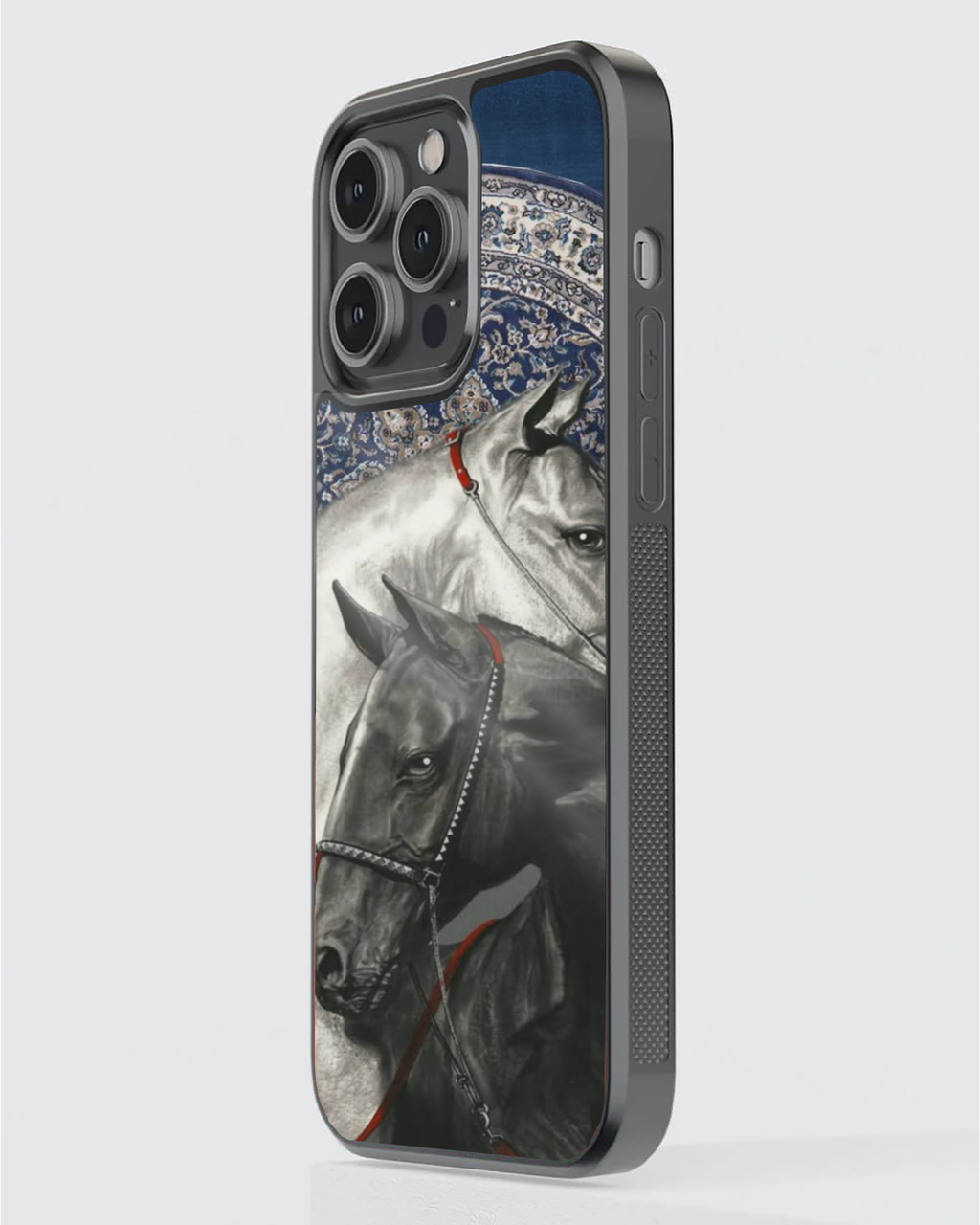 Persian Horses Phone Case – Black & White Arabian Art with Blue Carpet Medallion | Elegant Aesthetic Cover