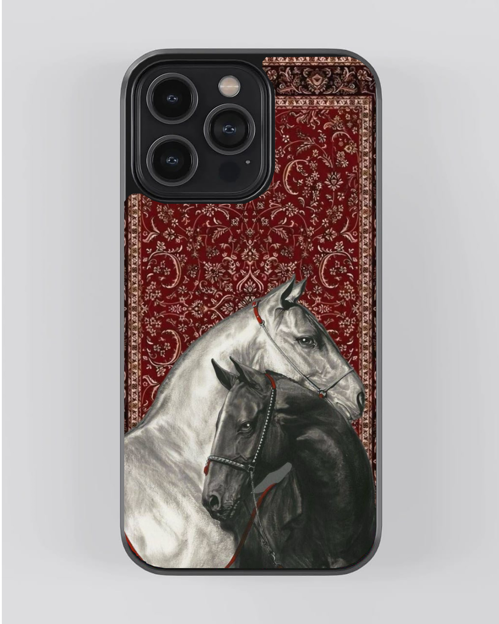 Majestic Dual Horse Art Premium Protective Phone Case – Red Ornamental Background