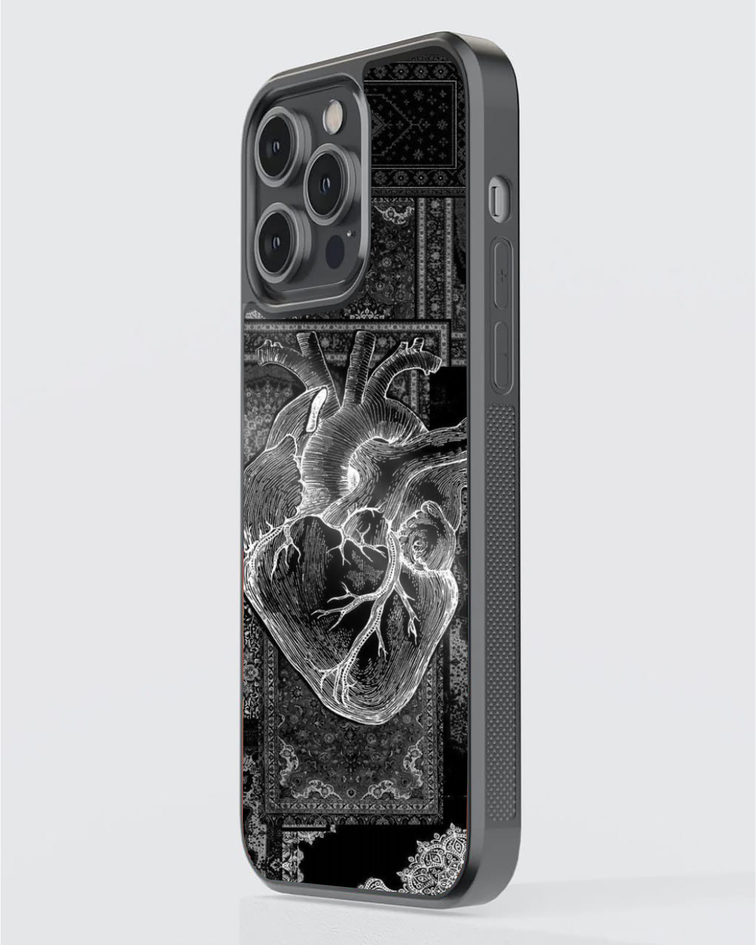 Persian Dark Aesthetic Heart Phone Case – Black & Grey Carpet Patchwork | Gothic Art Cover