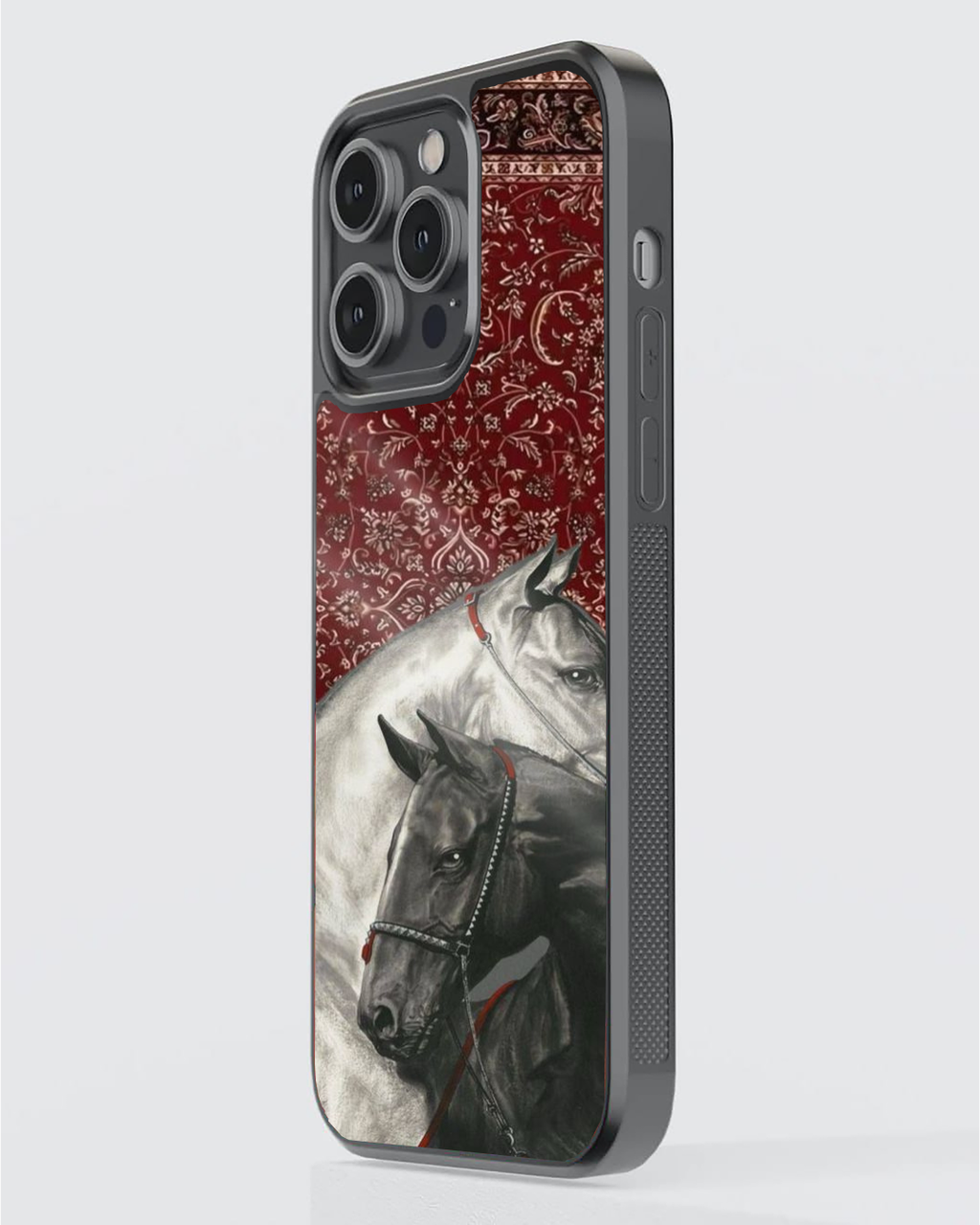 Majestic Dual Horse Art Premium Protective Phone Case – Red Ornamental Background