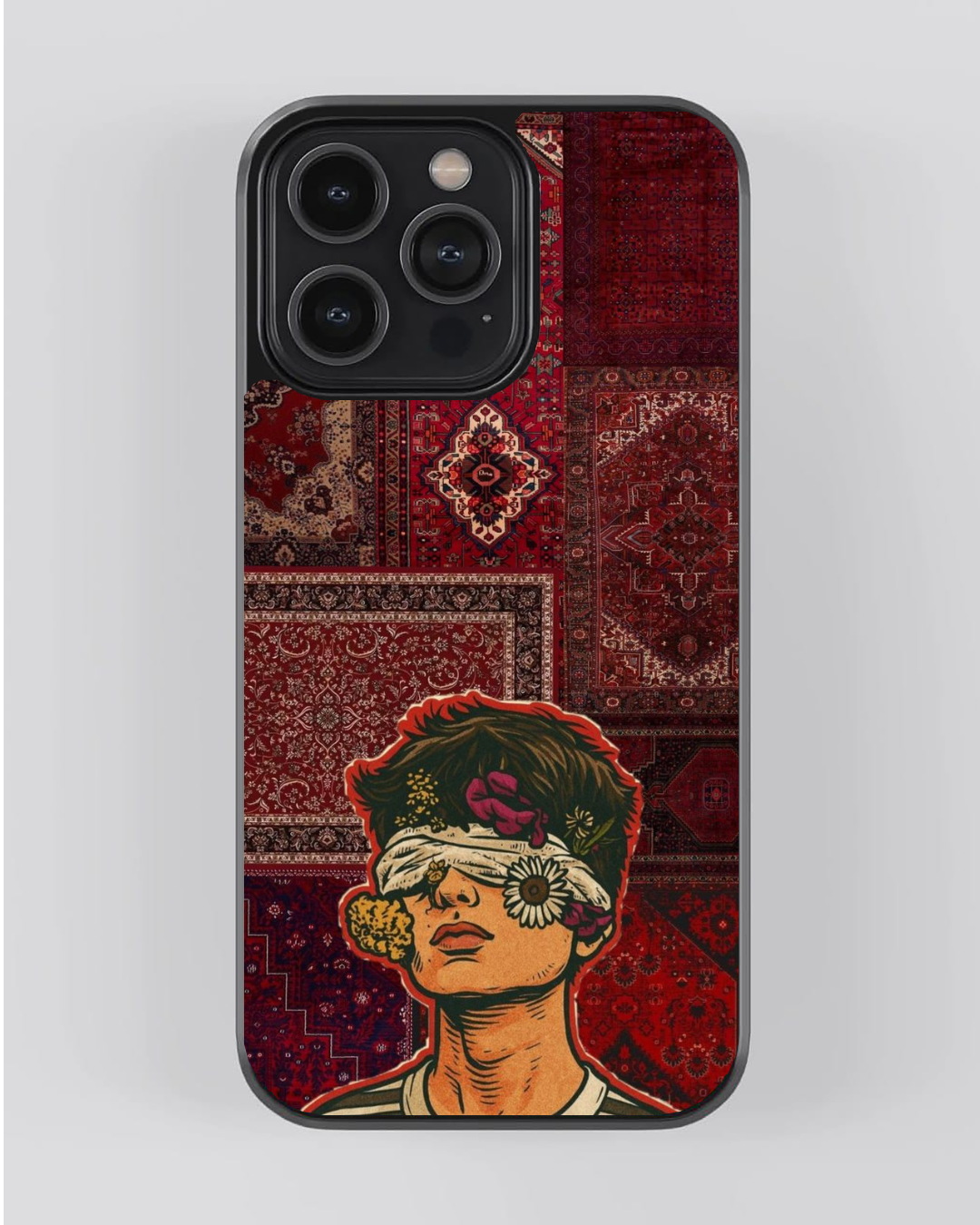 Persian Carpet Blindfolded Figure Phone Case – Red Patchwork & Floral Illustration | Indie Aesthetic Cover
