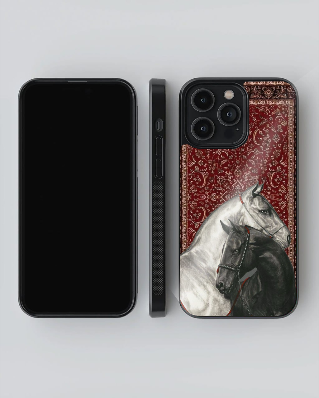 Majestic Dual Horse Art Premium Protective Phone Case – Red Ornamental Background