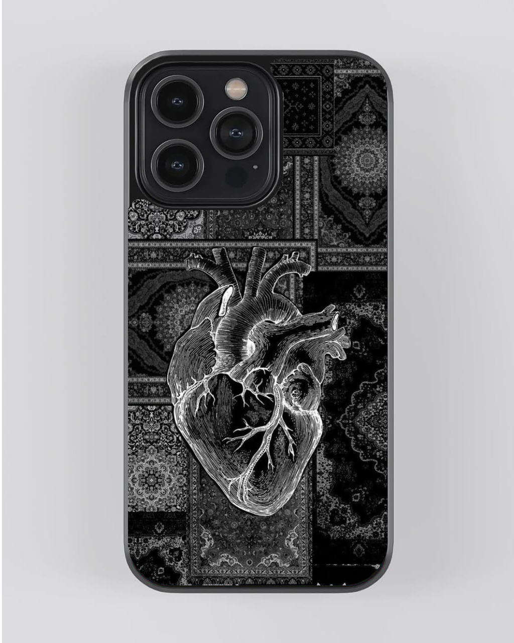 Persian Dark Aesthetic Heart Phone Case – Black & Grey Carpet Patchwork | Gothic Art Cover
