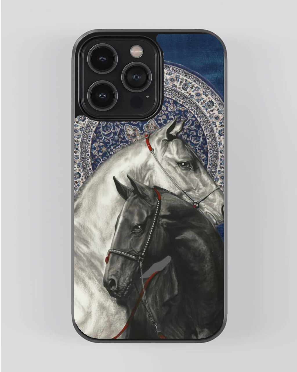 Persian Horses Phone Case – Black & White Arabian Art with Blue Carpet Medallion | Elegant Aesthetic Cover